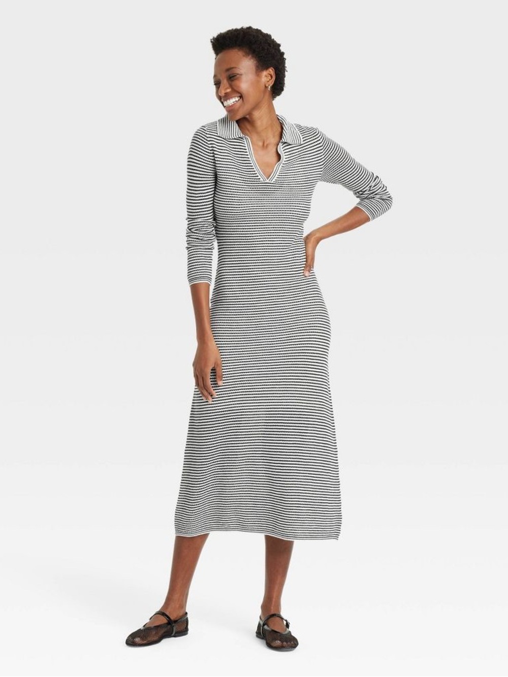 A New Day NWT Black Cream Striped Collared Knit Maxi Dress Small